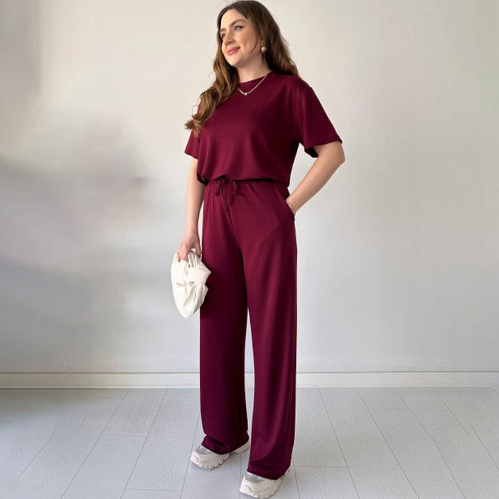 JENNIE - LIGHTWEIGHT ROUND COLLAR TOP AND FLEXIBLE WAIST SLACKS