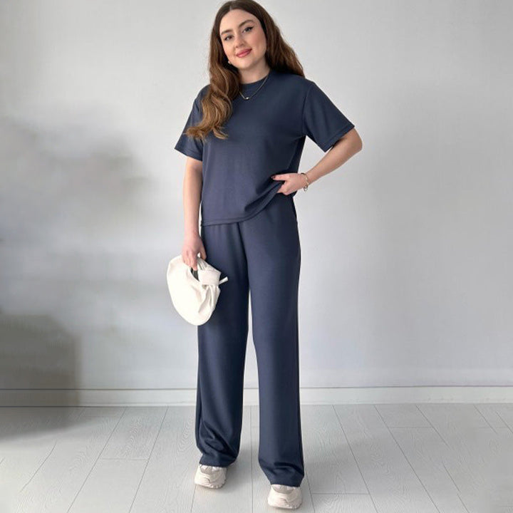 JENNIE - LIGHTWEIGHT ROUND COLLAR TOP AND FLEXIBLE WAIST SLACKS